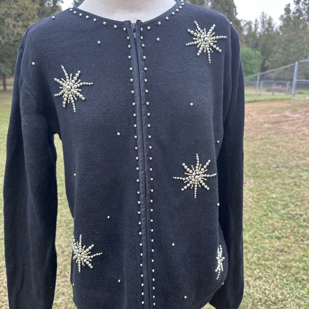 Susan Graver Black Cardigan with Pearl Star Accents